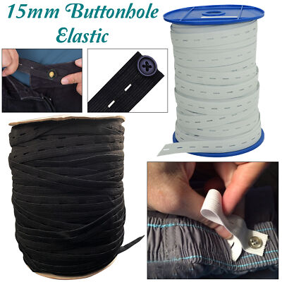 Knopflochgummi dehnbar mit Knopflöchern breit flach Kordel 15mm schwarz weiß