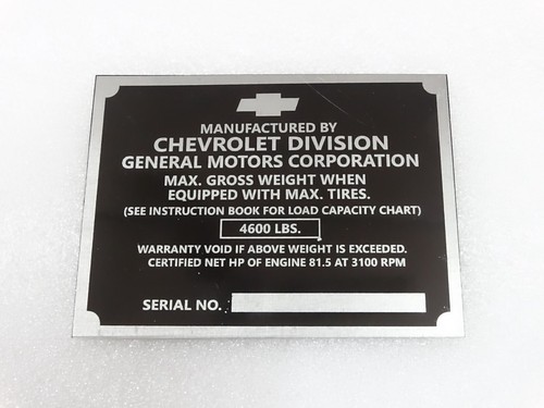 PLACA DE DATOS PARA CAMIÓN CHEVEROLET CHEVY VINTAGE 1/2 TONELADA POST 1950 MODELO #V240-7 - Imagen 4 de 7