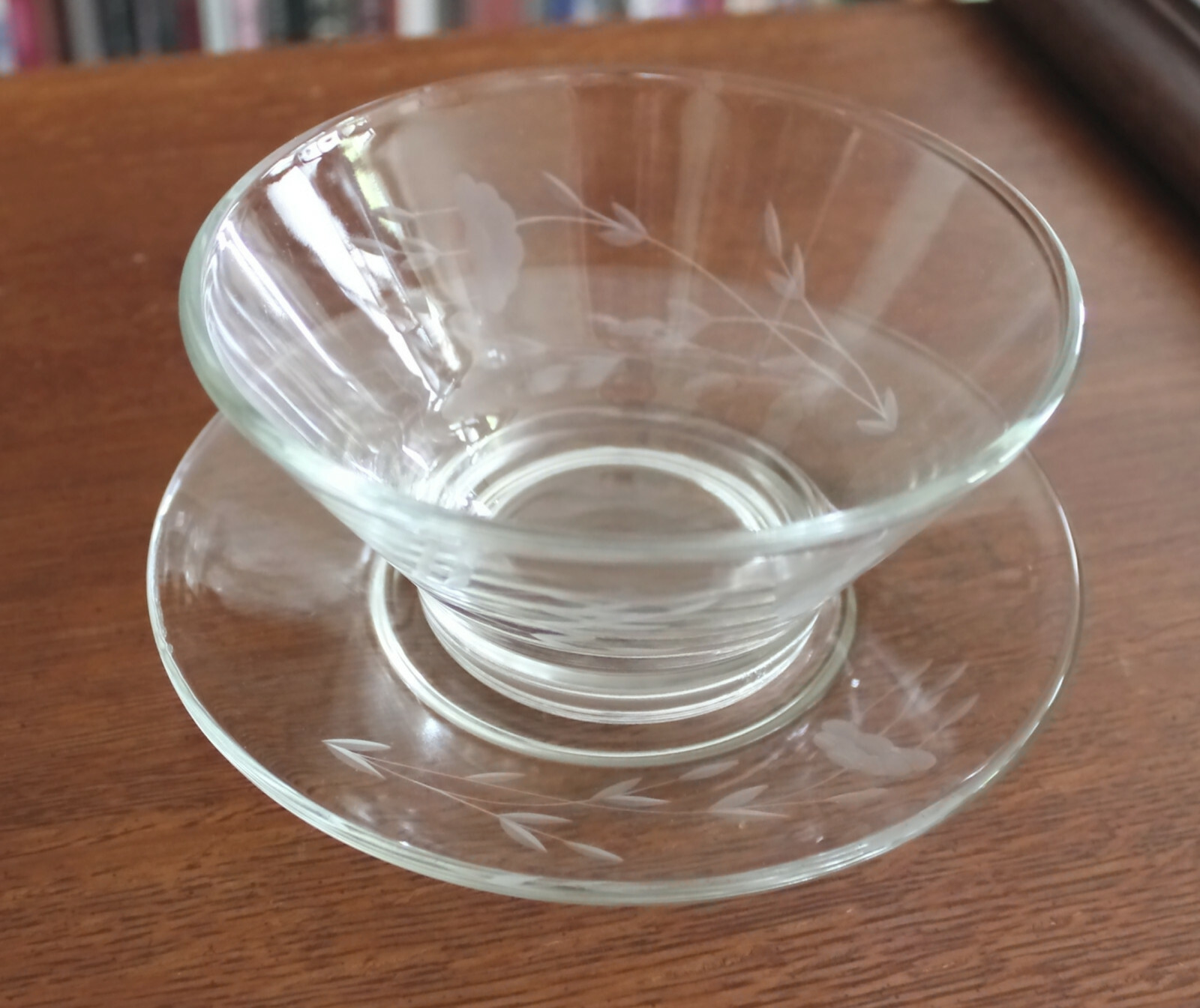 Vintage Heritage Etched Glass Mayonnaise Condiment Bowl ~ Matching Under Plate