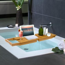 Bamboo Bathtub Caddy Tray Extendable Bath Organizer for Wine Glass Book