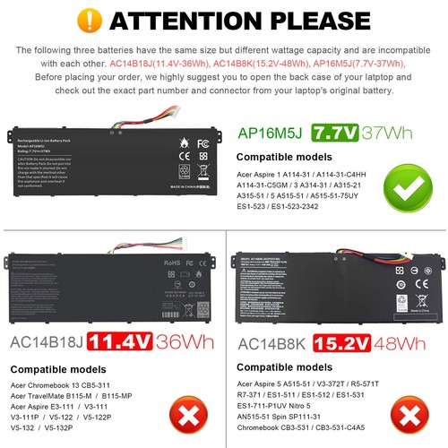 AC14B18J AC14B8K AP16M5J Battery for Acer Aspire 5 A515-51 A515-51G R7-371T/372T - Picture 22 of 24