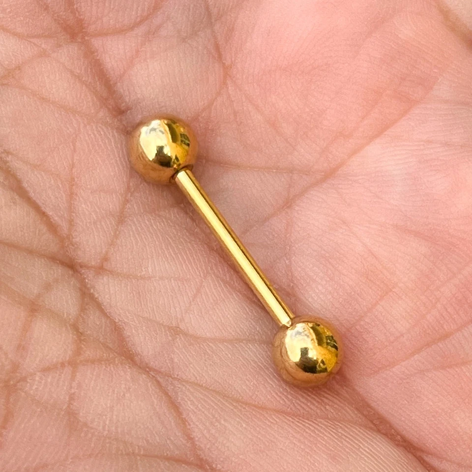 14K Solid Yellow Gold 14GA Nipple Ring Tongue Barbell 12MM Bar Piercings Jewelry - Image 3 of 4