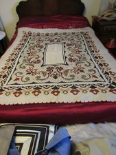 Vintage Hand Embroidered Cross Stitch Abstract design Linen Tablecloth 52.25x60"