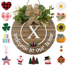 Letter X Interchangeable Seasonal Welcome Sign, Monogram, Wooden Wreath, Door