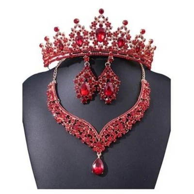 Red Crystal Rhinestone Necklace Earrings Tiara Hair Crown Bridal Jewelry Set 3PC