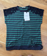 Moncler Women's Green/Blue Striped Crochet Accent Crew Neck T-Shirt Size M