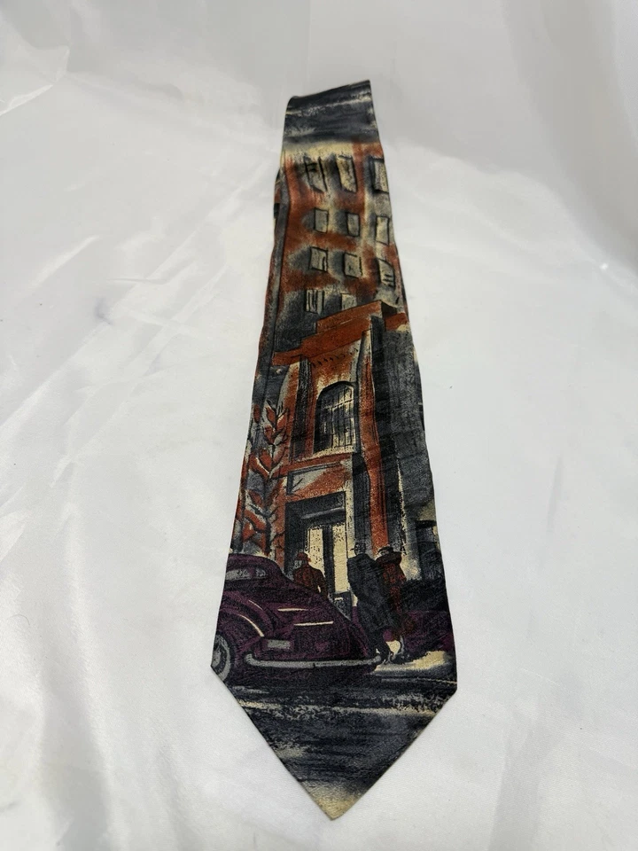 Bugatti Mens Necktie Tie City Scene Car People 100% Italian Silk Made USA - Image 2 of 4
