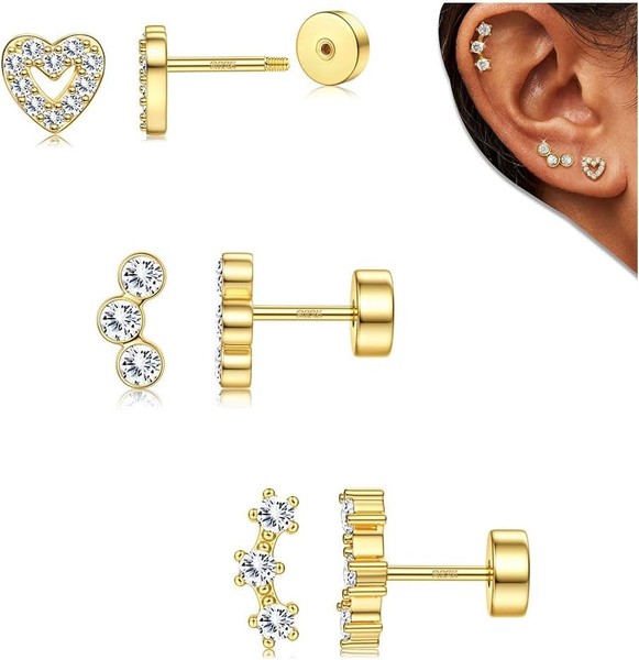 Ohrstecker Silber 925 Hypoallergen Zirkonia Herz Stern Set 3 Paar Damen MäDchen-image