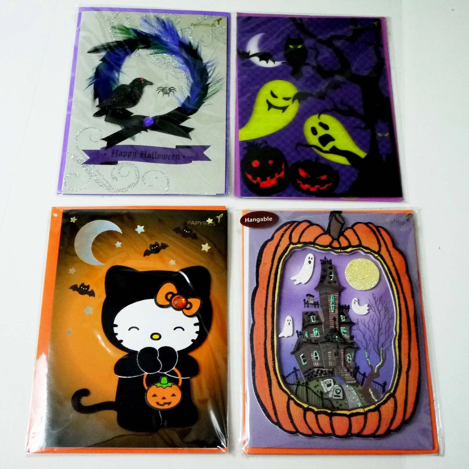 Papyrus Lot of 4 Halloween Greeting Cards Hello Kitty Cat Ghost Pumpkin Trending - Image 2 of 4
