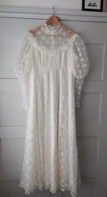 Vintage Äther viktorianisch Blumen Spitze Jakobsmuschelkante Hammelärmel Brautkleid L