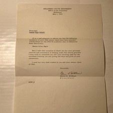 Oliver S. Willham Signed Scholarship Letter Oklahoma State University 1960