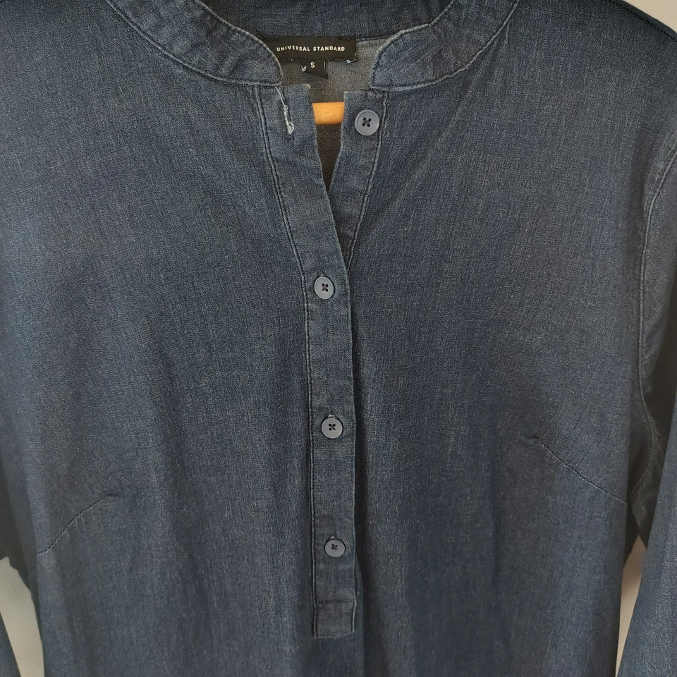 Womens Denim Shirt Dress Sz S Oversized Long Sleeve Pockets Cotton Laganlook - Image 3 of 4