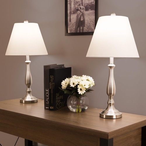 Brushed Steel Table Lamps - Set of 2 Traditional Accent Lights with LED Bulbs...