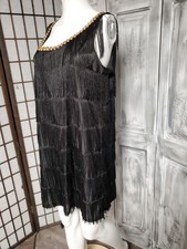 M-L btg Black Fringe Costume Party Dress Gold Sequin FLAPPER Roaring 1920s Style