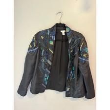 Chicos Black Beaded Embroidered Open Front Jacket Blue Gold Size 0 RN79984
