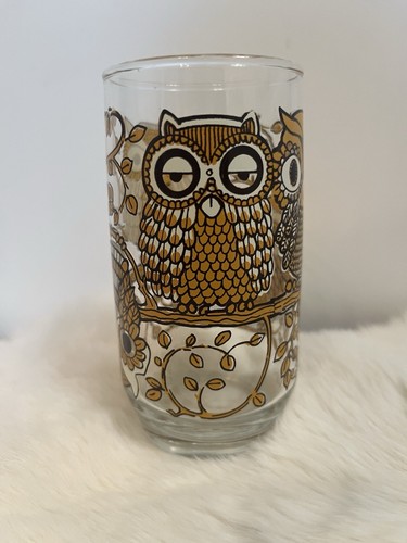 VINTAGE 1970's 5" Whimsical Brown Yellow Owl Drinking Glass Tumbler Barware Bird - Picture 2 of 10