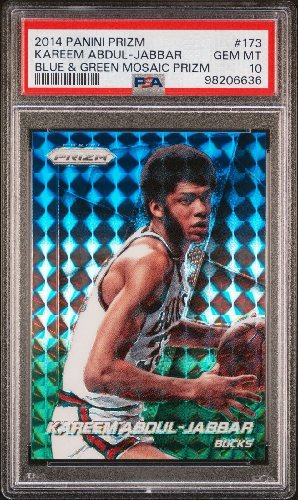 2014 Panini Prizm Kareem Abdul-Jabbar Blue & Green Mosaic #173 Bucks PSA 10