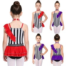 Kids Girls Bodysuit With Choker Asymmetrical Ruffled Leotard Shiny Rhinestones