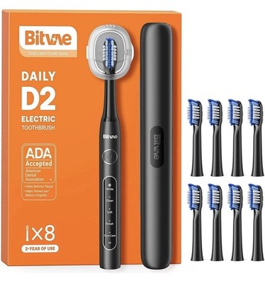 Bitvae Daily D2 Sonic Electric Toothbrush, 8 Brush Heads, Travel Case, Black
