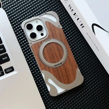 For iPhone 17 Pro Max 17 Pro 16/15/14Pro Max Magnetic Metal Real Wood Stand Case
