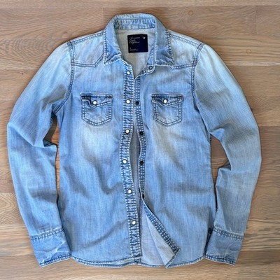 American Eagle Y2K Western Denim Shirt Pearl Snaps Chambray Blue Women s Small