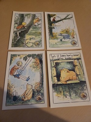 Set mit 4 Winnie Puuh Postkarten. Szenen aus 100 Aker Holz. Unbenutzt. 