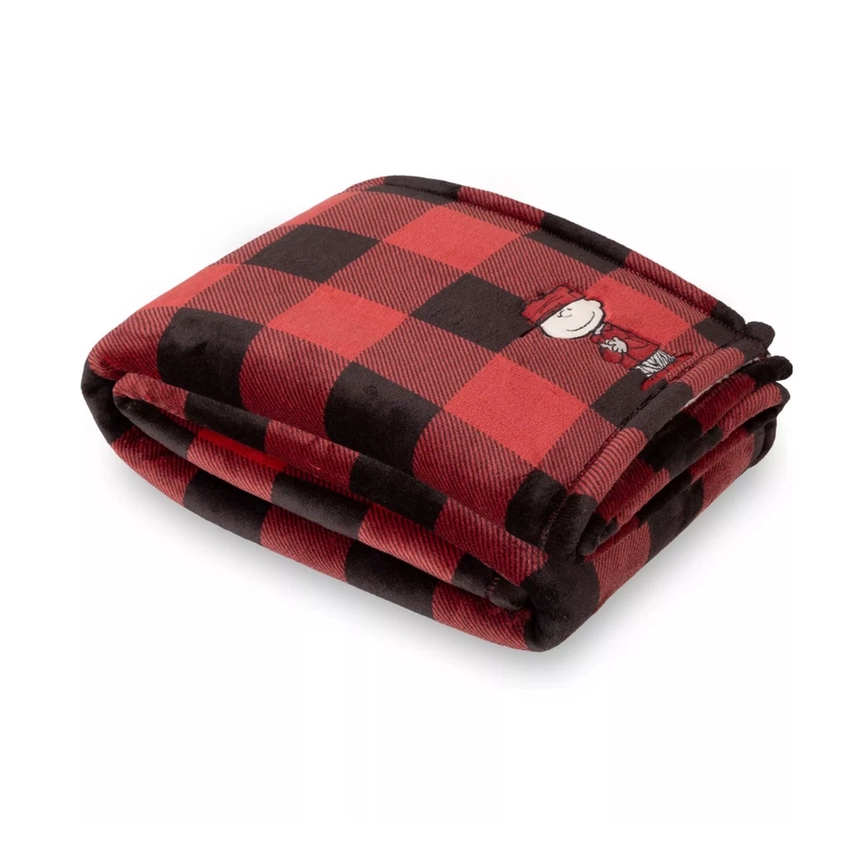 Peanuts Charlie Brown Throw Blanket Red & Black Buffalo Plaid Check 50 X 70 - Image 3 of 4