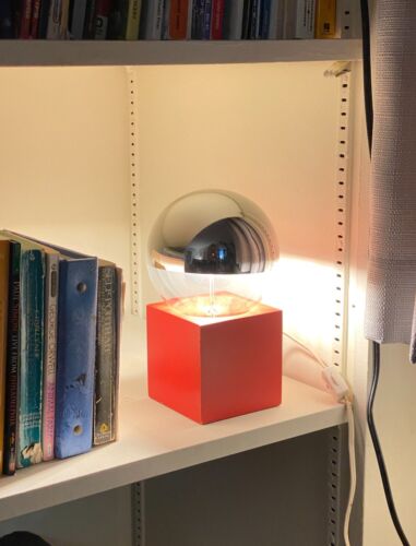 VINTAGE Mid Century Modern Red Cube Globe Lamp with 4W Half Chrome LED Bulb MCM