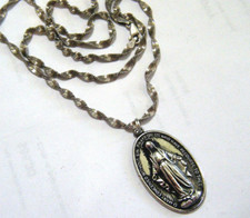 Catholic Vintage 1830 Sterling 1.5" Large Holy Virgin Mary Medal Pendant  Chain