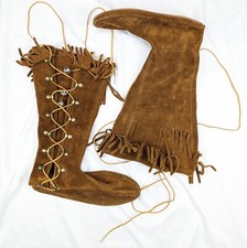 70s True Vintage Tall Suede Fringe Moccasins Minnetonka Made In USA Vtg W 10