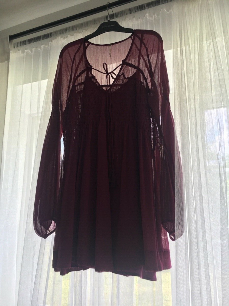 New Women's Free People Boho Chic Gorgeous Chiffon Flowy Mini Dress  Burgundy XS | eBay