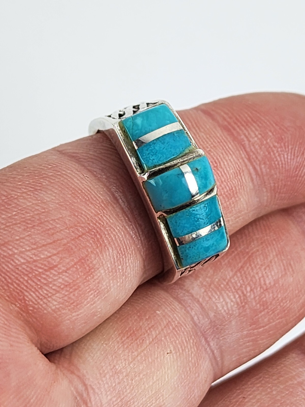 Solid Sterling Silver Turquoise Ring Basket Weave… - image 8