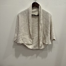 DKNY Pure Women Cardigan White Crop Open Front Sweater Lambs Wool Knit Cozy S