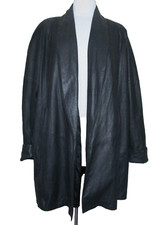 Vintage 80s Remy Pea Coat Black Leather Swing Coat Medium Women Dolman Sleeves