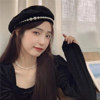 Women's Fashion Velvet Beret Cap Flat Hat Artificial Pearl Casual Retro Hat 