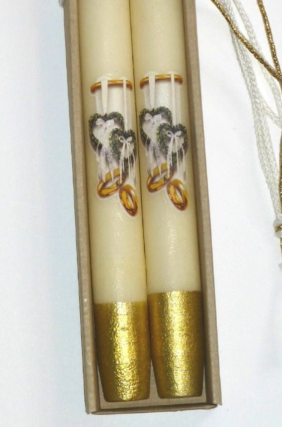 Mano Dorado y Crema 10" L. Par de Conos con Anillos de Boda y Motivo Corazones, Alemania Foto 2 de 4