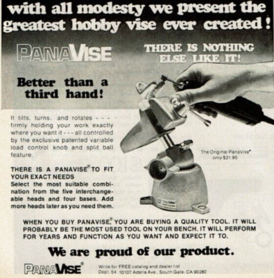 1977 Vintage Print Ad Panavise Greatest Hobby Vise ever created tilts turns