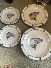 FOLKCRAFT STONEWARE RAINBOW TROUT SCOTTY Z TWO DINNER & TWO SALAD PLATES
