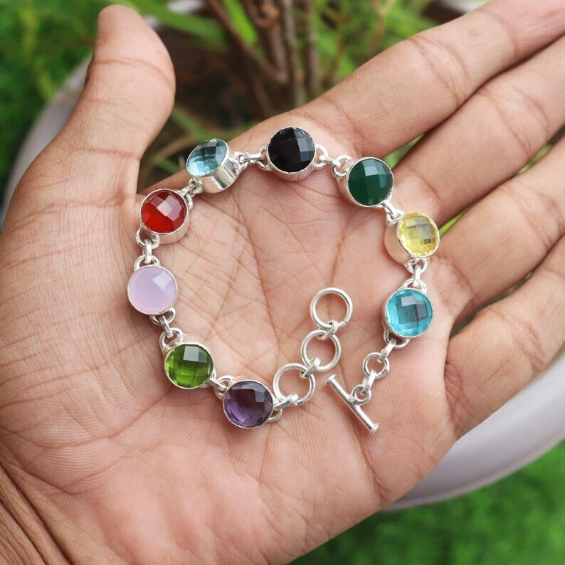 925 Sterling Silver Multi Gemstone Bracelet Women's Jewelry 9 Stone Bracelet - Image 3 of 4