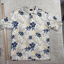 IZOD Golf Polo Shirt Mens Large Tan Blue Floral Hibiscus Cool-FX Cotton Rayon EX