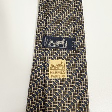 Hermes Men's Tie Geometric Navy Blue Khaki Silk 972 SA 3.25" W x 57" L euc