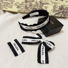 PRADA Black/White Fabric Logo Headband  Bow Hair Accessory Set for Women