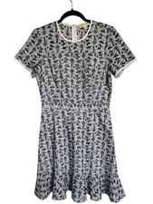 Michael Kors Women’s Sz 8 Navy Floral Dress Lined Zip Up Flare Fit Wedding Work