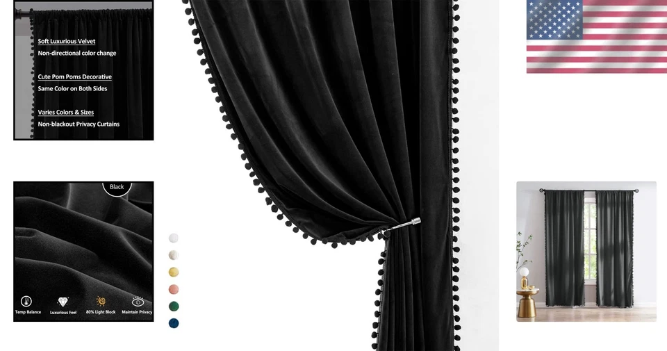 82% Cortinas de Terciopelo Negro Bloqueo de Luz con Detalles de Pom Pom - Paquete de 2 84" de Largo Foto 2 de 4
