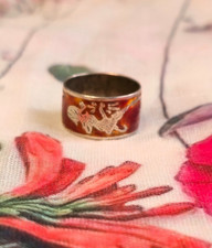 925 Silver Vintage Siam Burl wood burlwood inlaid Ring J 3g 1 cm wide band