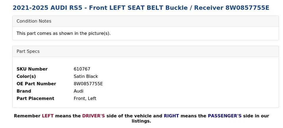 AUDI RS5 2021-2025 - CINTURÓN DE SEGURIDAD DELANTERO IZQUIERDO hebilla/receptor 8W0857755E Foto 4 de 4