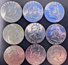 Lot of (9)  1963 Franklin Half Dollars all 1963 BU Coins 90% Silver $4.50 Face