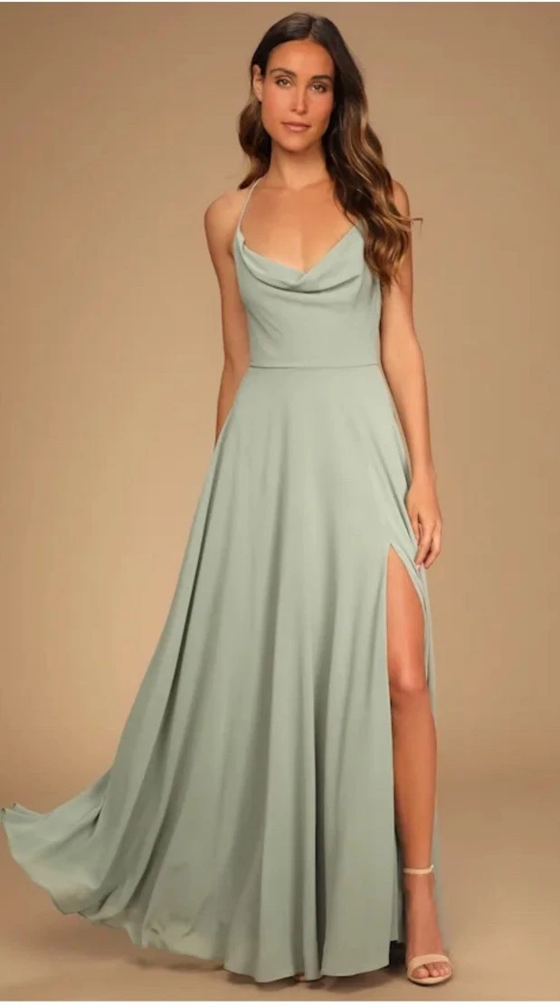knee length dresses for ladies Green Silk Cowl Neck Midi Dress
