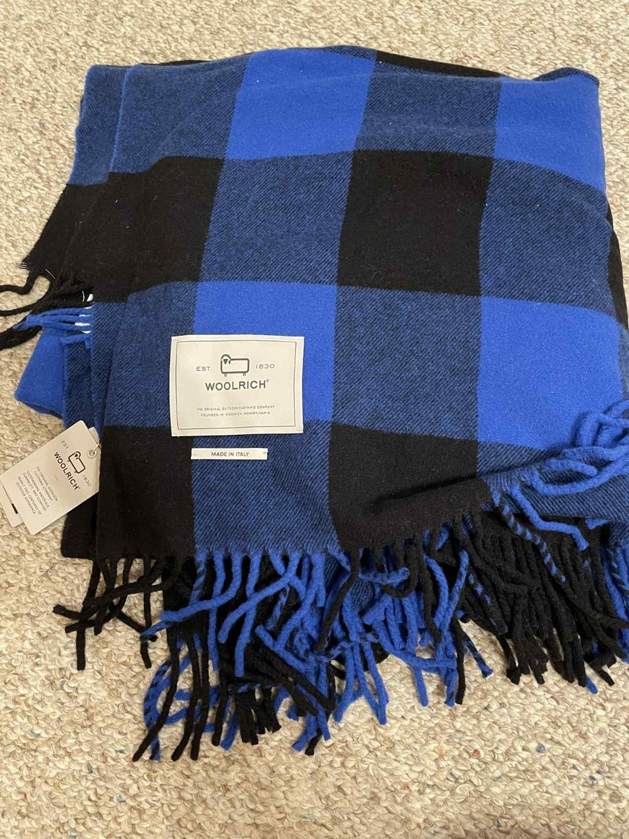NWT Woolrich Blue Buffalo Check Plaid Wool Blanket Fringe Throw Made In  Italy
