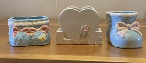 Inarco Baby Bootie Planter Vase Pink & Blue Ceramic Vintage Nursery Lot Of 3